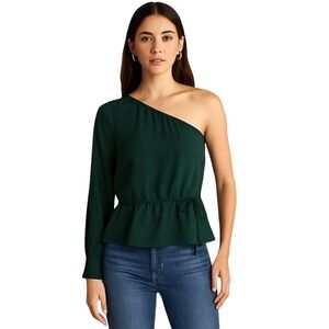 ANTHROPOLOGIE CLOTH & STONE One Shoulder Blouse Women Small Dark Green Peplum